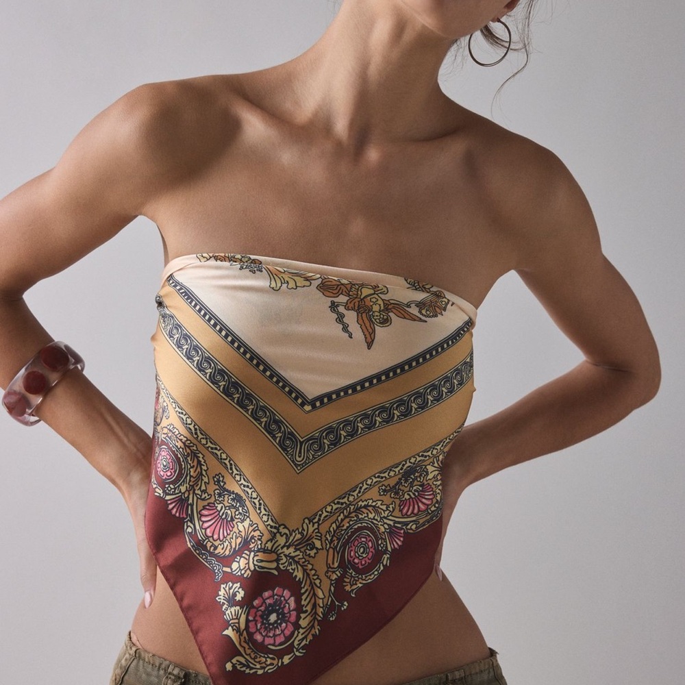 Urban Outfitters Silk Scarf Top in Cream and Brown
